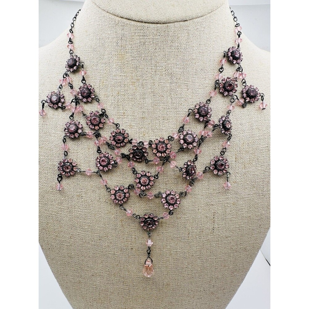 Vintage Austrian Crystal Flower Bib Necklace Statement 15”